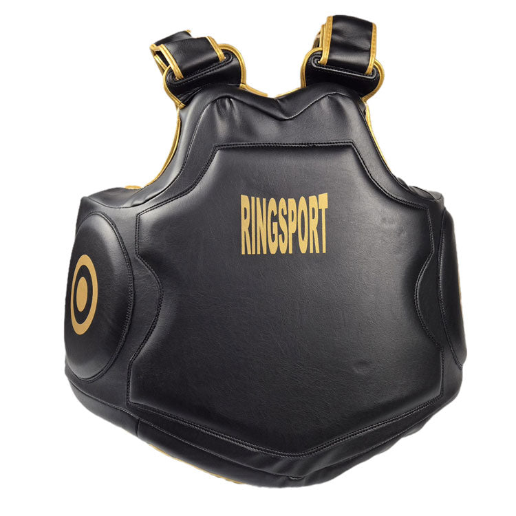 A black Ringsport coach's body guard with straps and padding designed for boxing training.