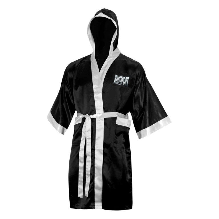 Black satin boxing robe with white trim