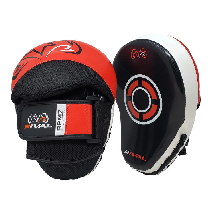 Pair of black and red boxing focus mitts with 'Rival' branding
