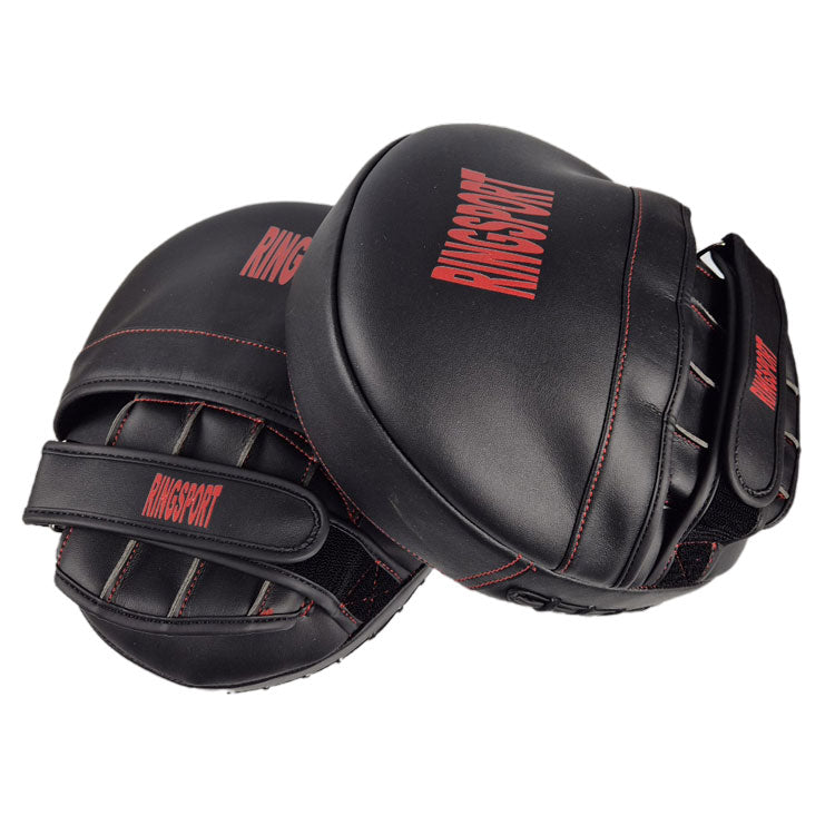 A pair of RINGSPORT fair focus pads, primarily black and hook-and-loop closures, designed for boxing training.