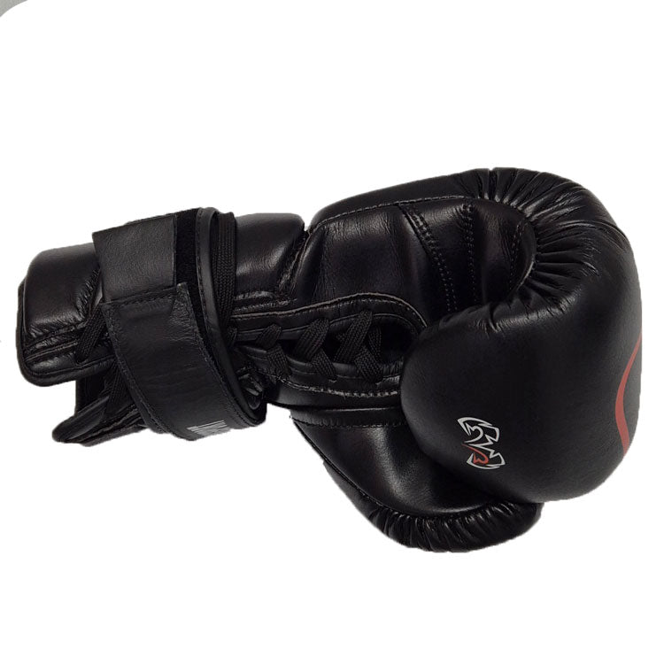Boxing glove lace converter on a boxing glove wrist