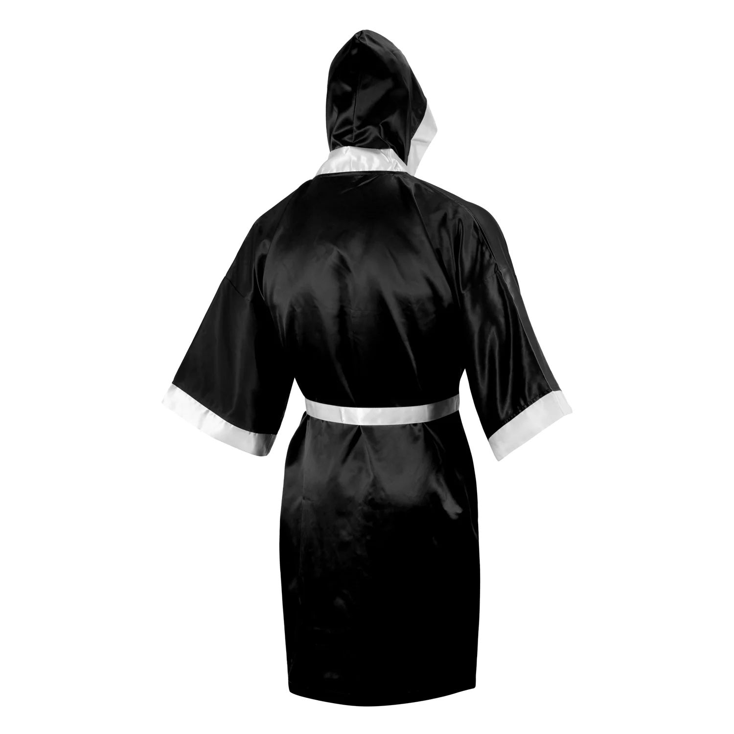 Black satin robe with white trim rear view 