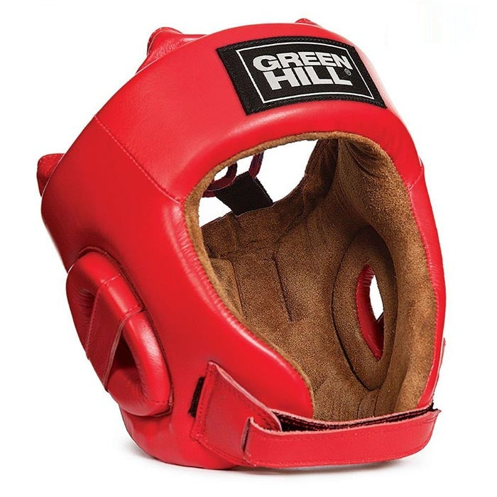 Red aba boxing headgear with Green Hill brand