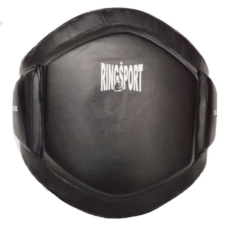 Ringsport Pro full leather belly pad in black, showing the 8cm thick protective front target area.