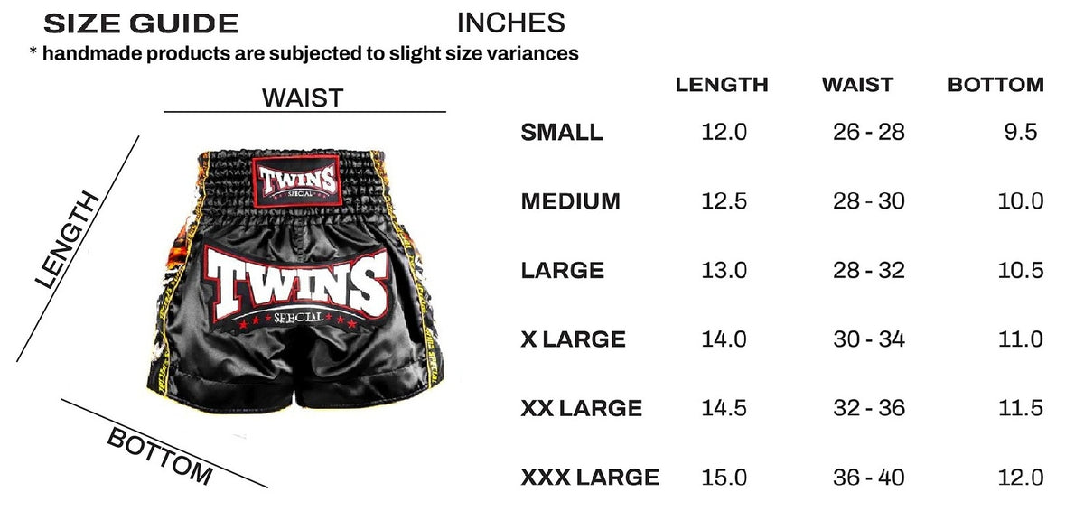 Size guide for Twins brand shorts with measurements in inches.