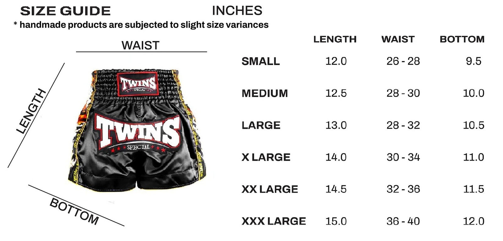 Size guide for Twins brand shorts with measurements in inches.